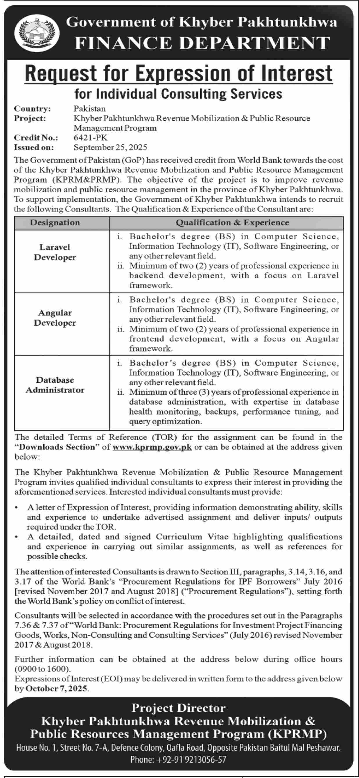 Finance Department KPK Tender Notice